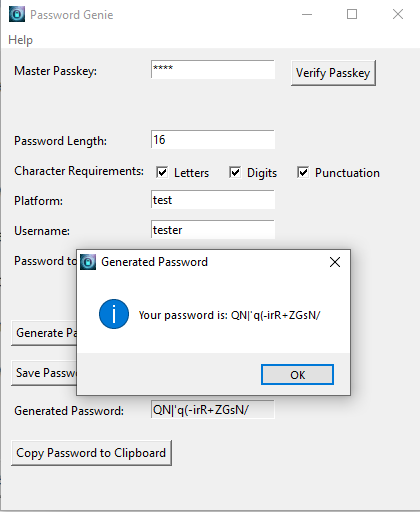 Generated Password (Default Settings) Password Genie - generated password using default settings