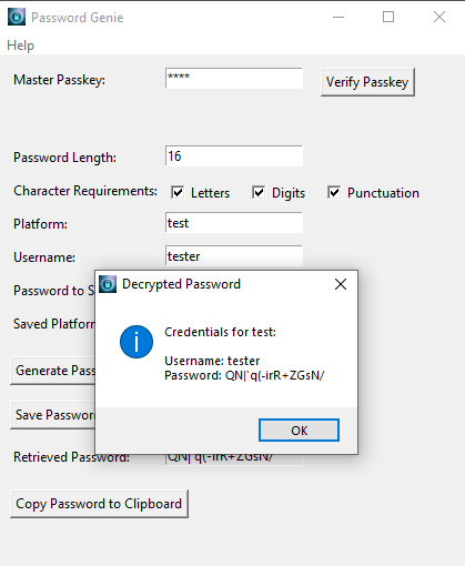 Password Genie β Retrieved Username and Password View Password Genie displaying retrieved credentials for the 'test' platform