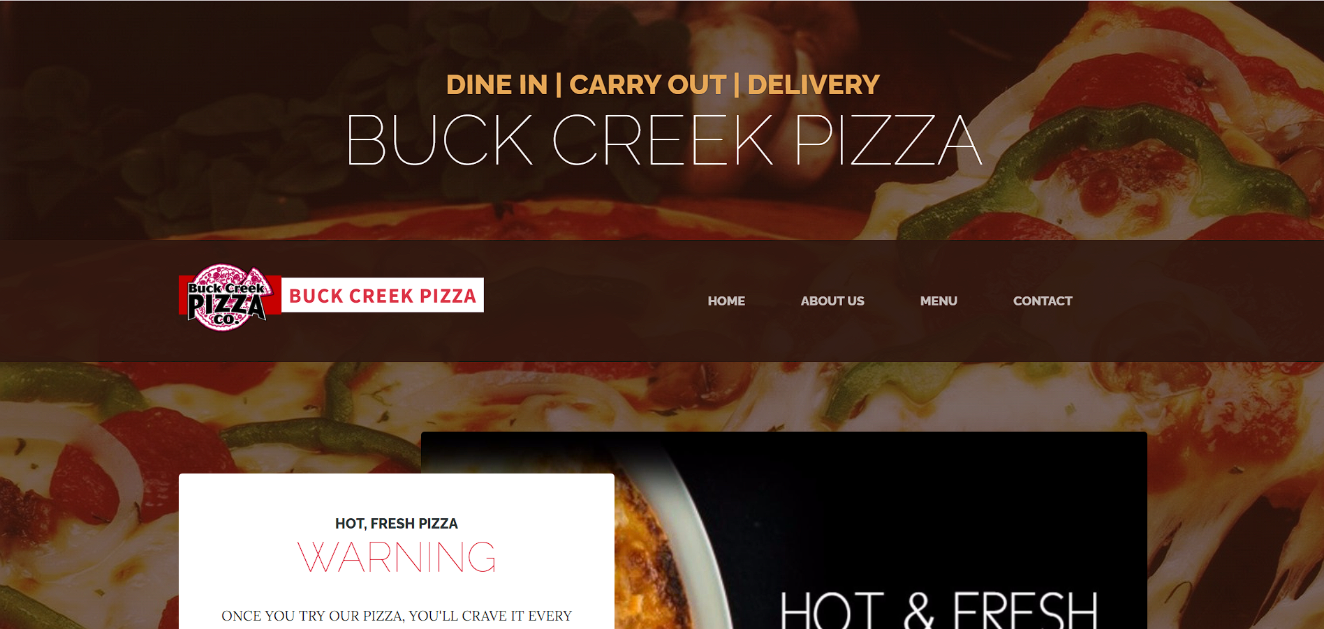 A screenshot of the website designed by Johnny Watts for Buck Creek Pizza