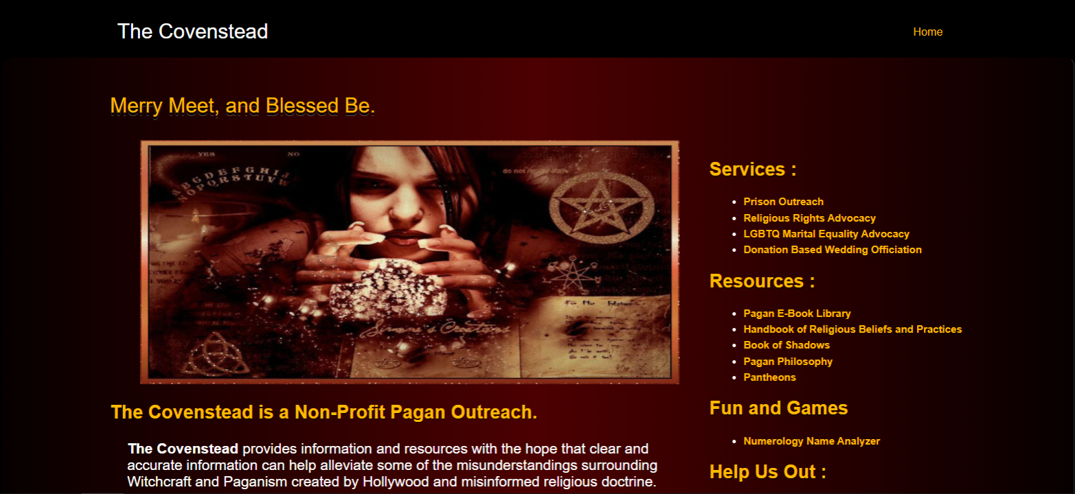 A screenshot of the website designed by Johnny Watts for The Covenstead