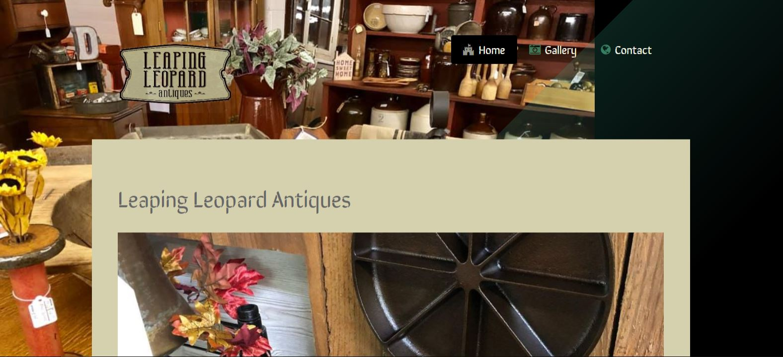 A screenshot of the website designed by Johnny Watts for Leaping Leopard Antiques