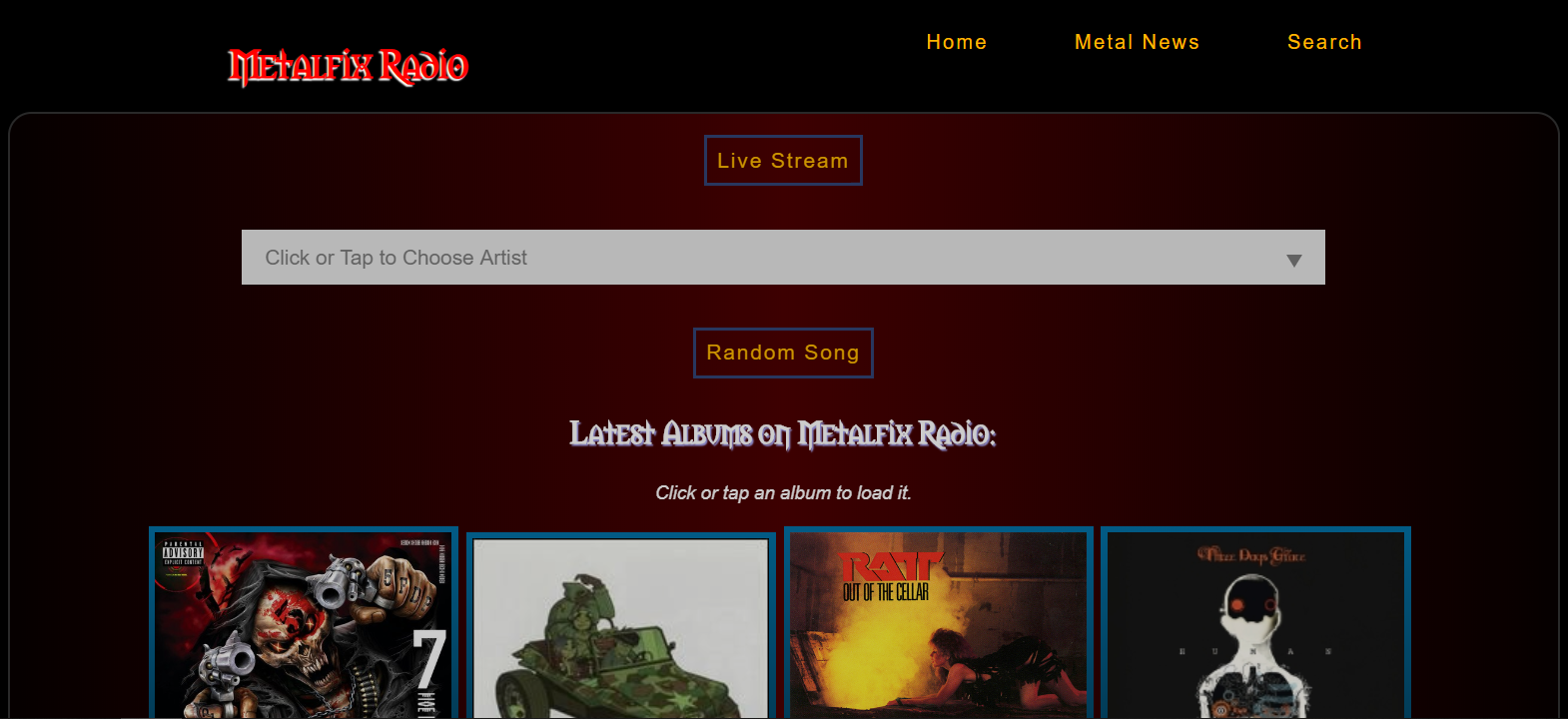 A screenshot of the website designed by Johnny Watts for Metalfix Radio