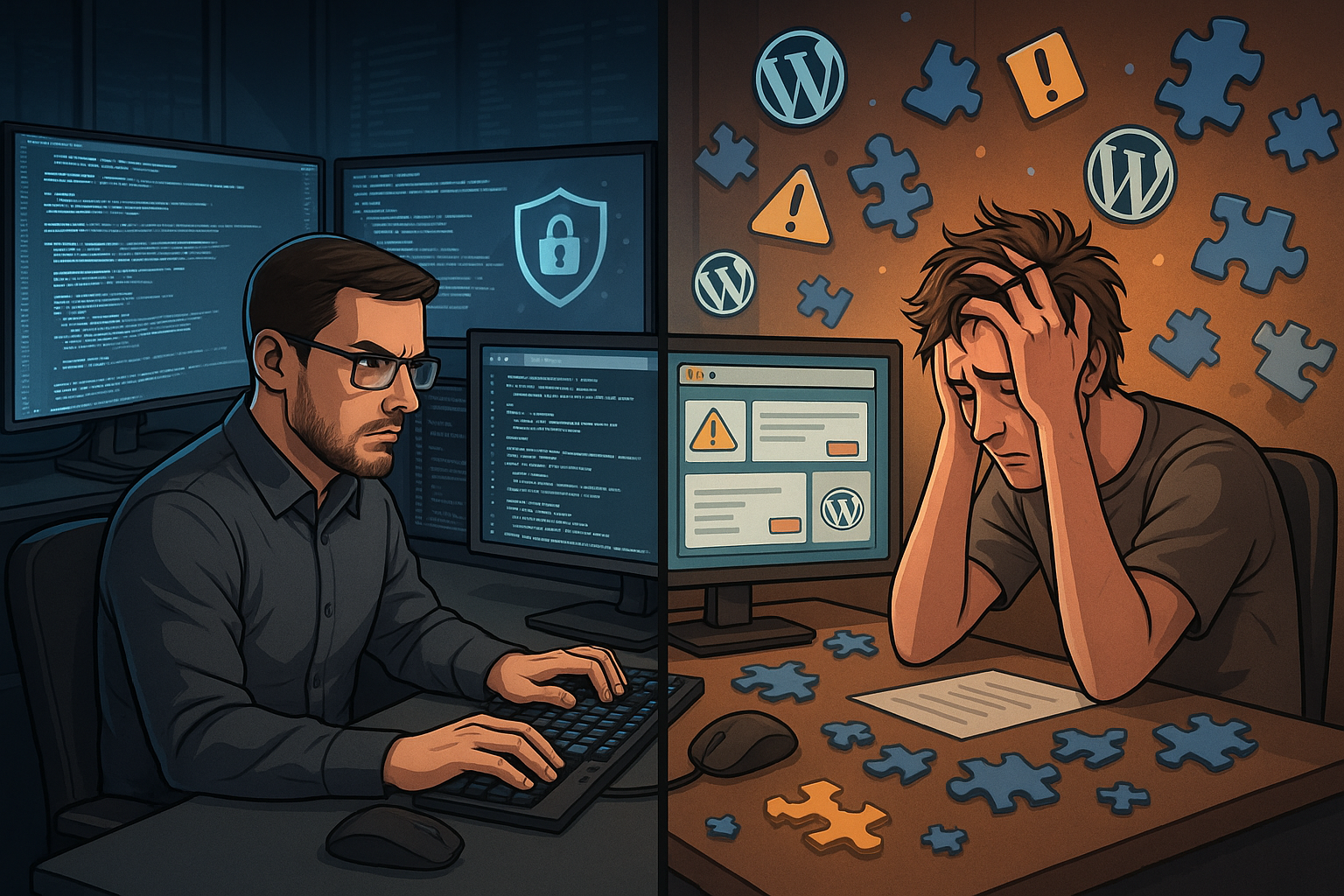 Digital illustration comparing a professional developer coding a website from scratch on one side, and a WordPress user assembling a site with drag-and-drop tools on the other, highlighting the contrast in skill and security.